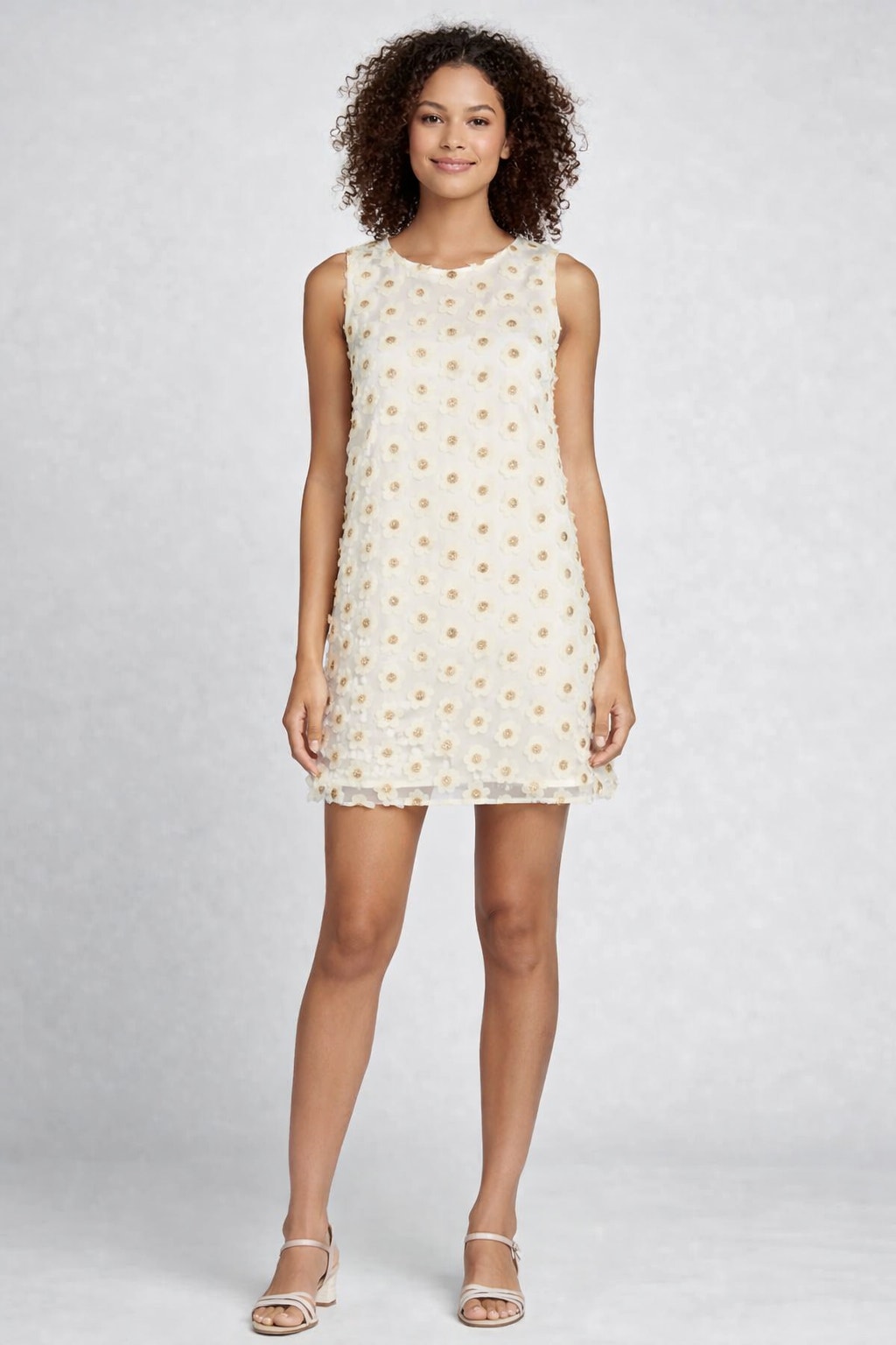 Lili Sidonio Flower Sleeveless Shift Woven Dress Womens Xs Light Beige New Gold